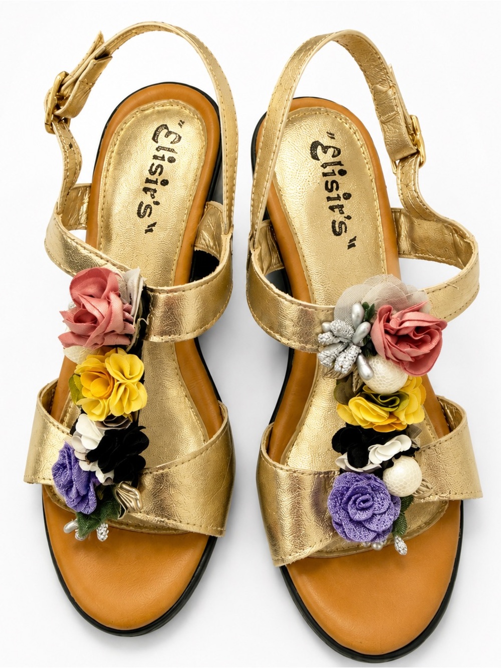 Gold Floral Embellished Slingback Sandals - Gold- Italian Shoes